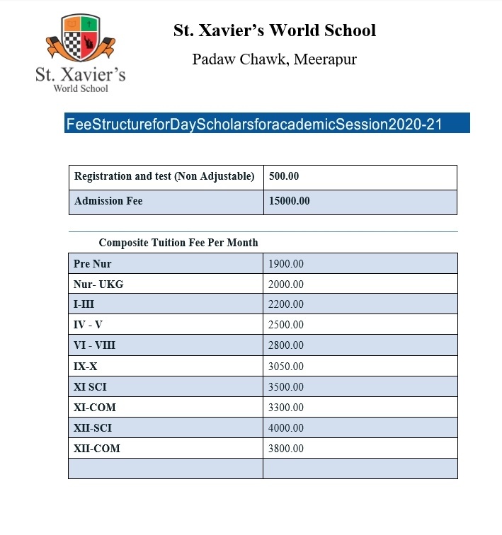 Fee Structure St Xaviers World School Meerapur